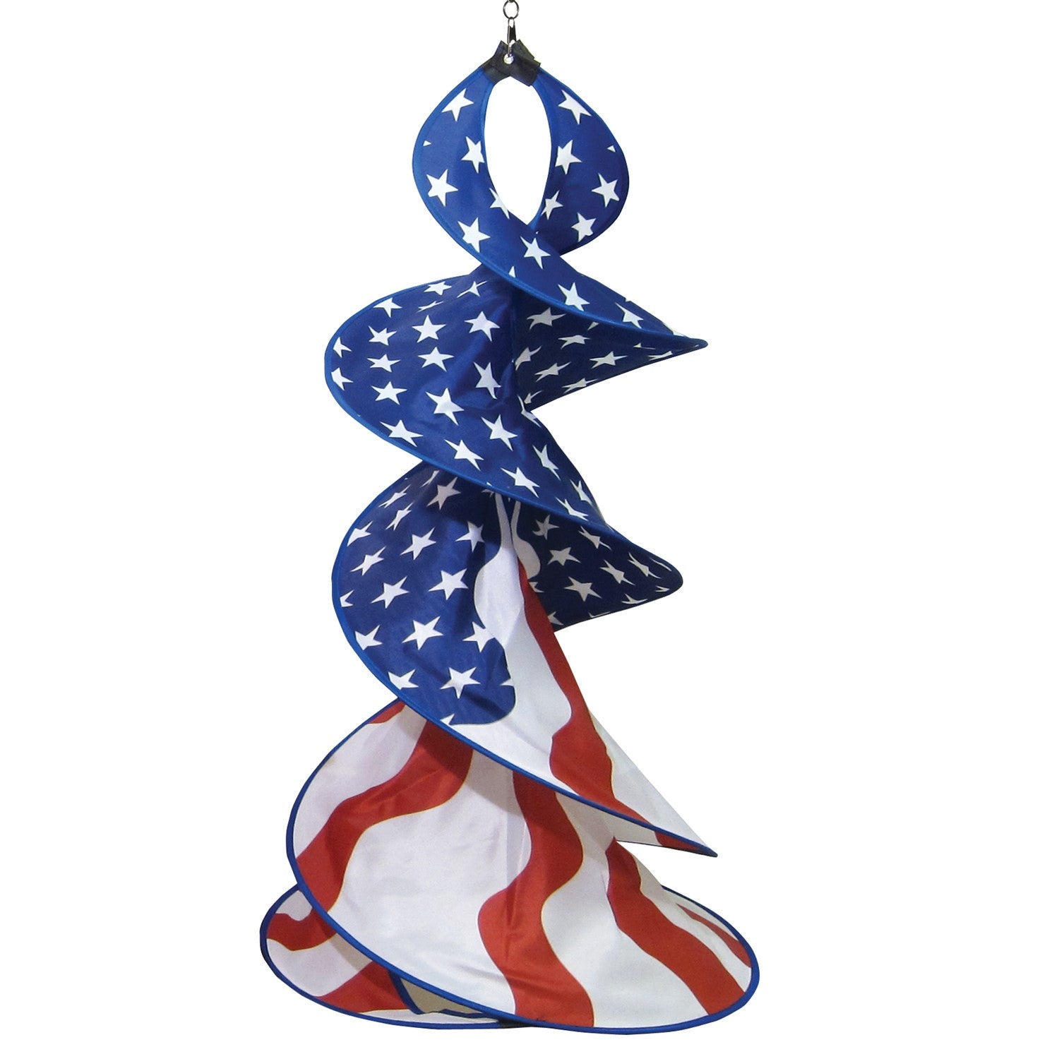 Patriot Spin Duet double spinner decoration featuring red, white, and blue stars and stripes design hanging outdoors in a garden setting.