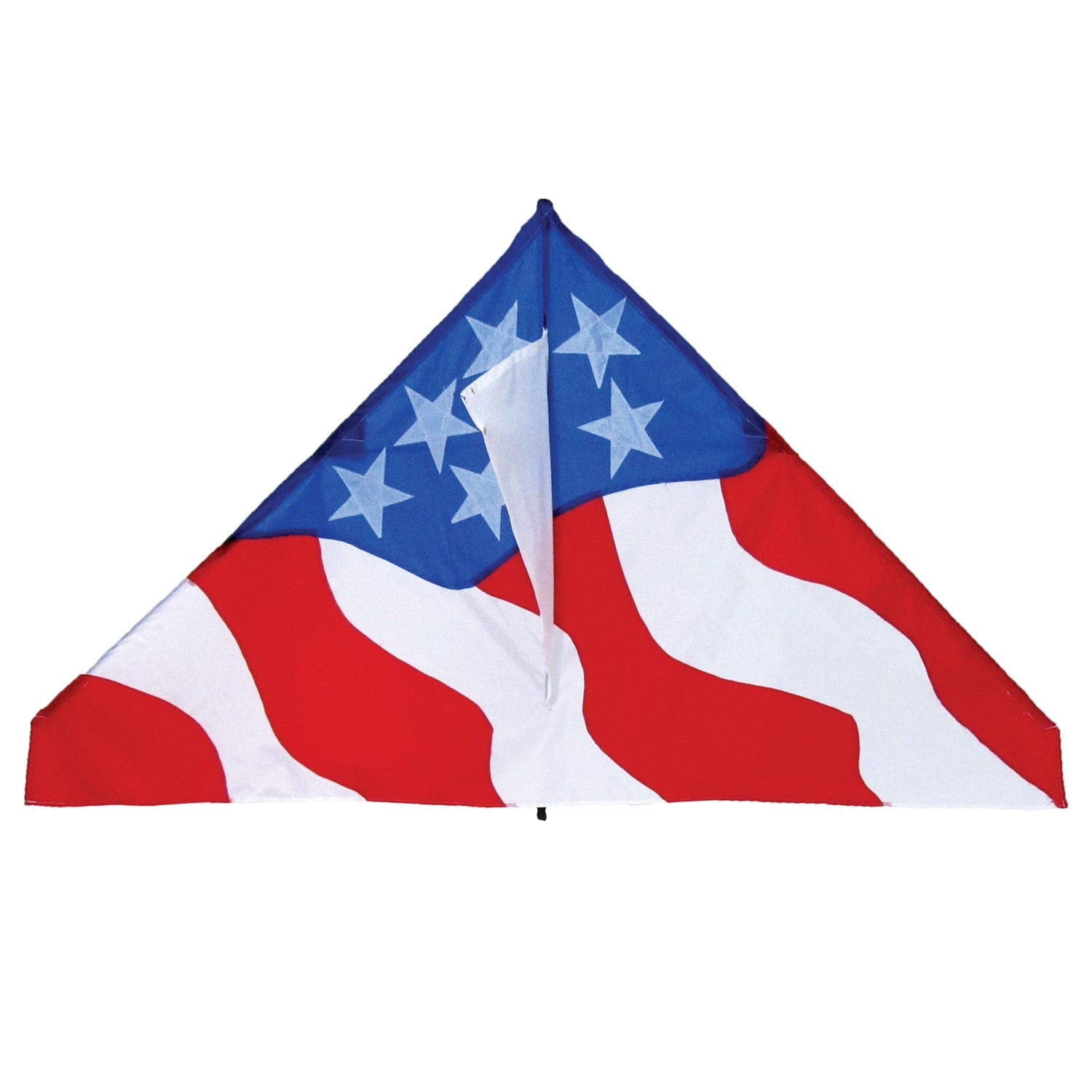 Patriotic 57 inch Delta Kite with red, white, and blue stars and stripes design soaring high in the blue sky against a sunny backdrop.