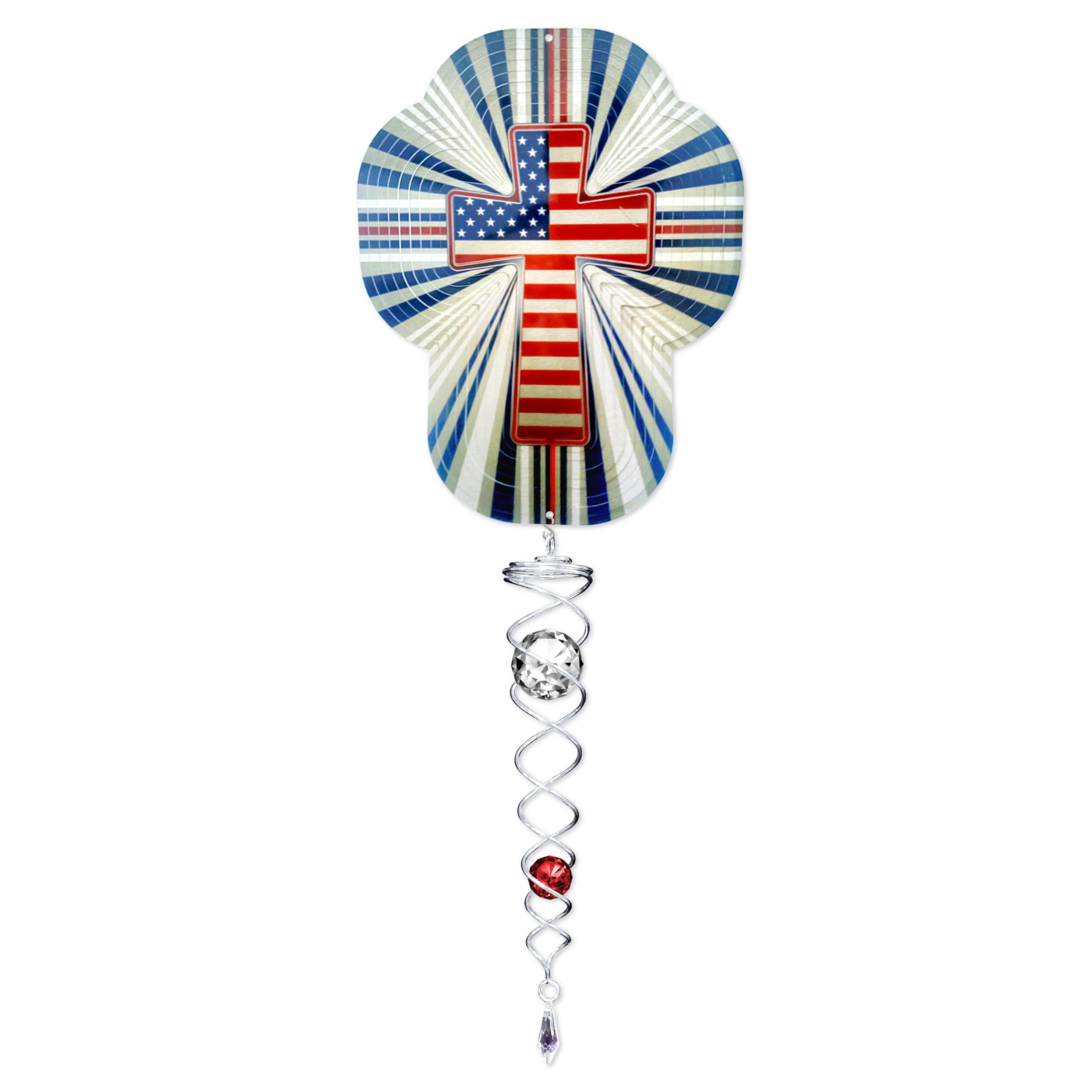 Patriotic Cross Mini Set featuring a vibrant 6.5-inch wind spinner and a 7.5-inch crystal twister displayed outdoors, catching the breeze and sunlight.