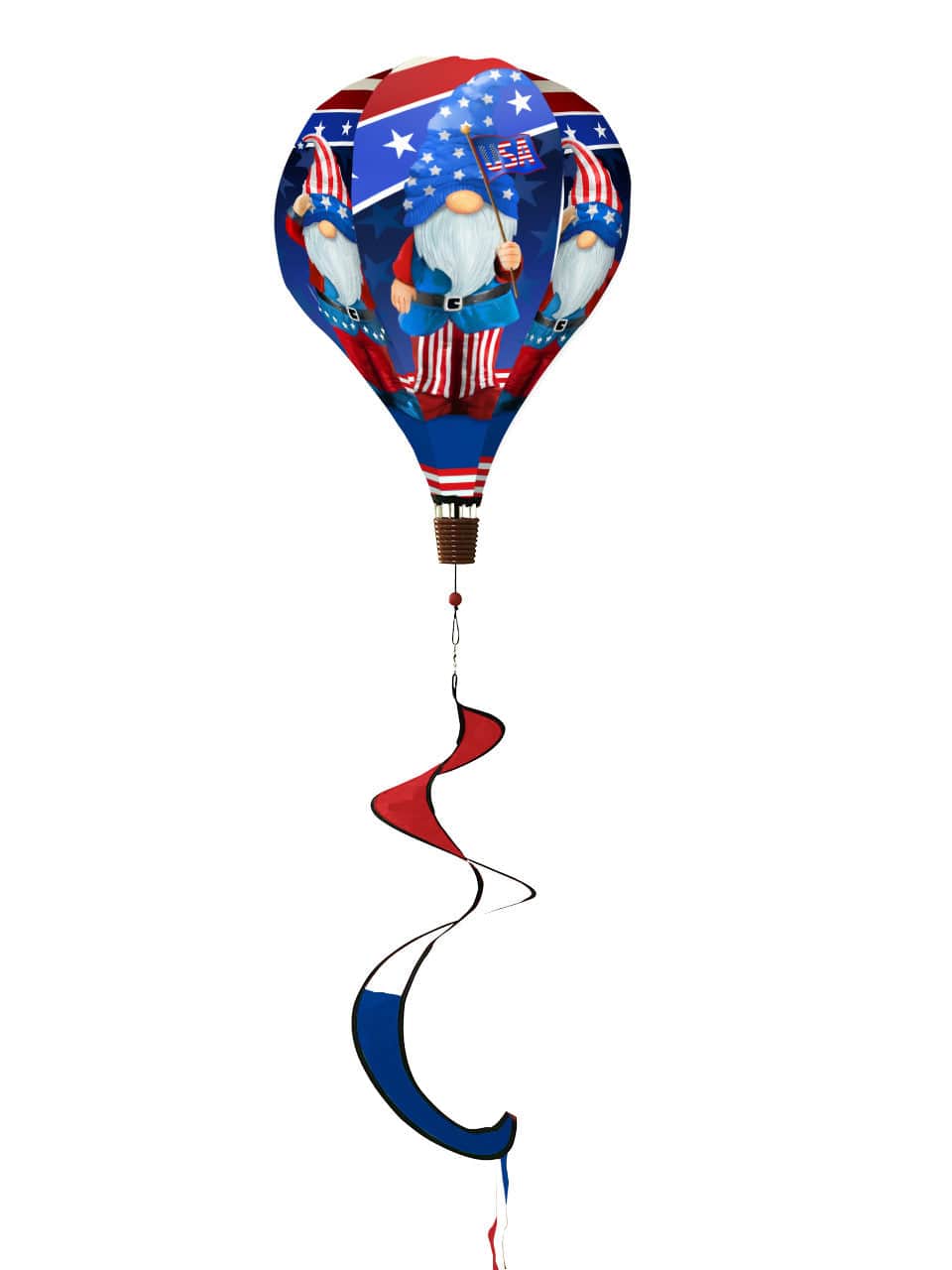 Hot air balloon spinner featuring patriotic gnomes, flags, and fireworks, made of weather-resistant polyester for lively outdoor summer holiday décor.
