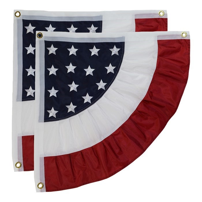 Patriotic Ruffle Corner Bunting set of 2 featuring red, white, and blue colors with embroidered stars displayed on a porch railing for outdoor decoration.