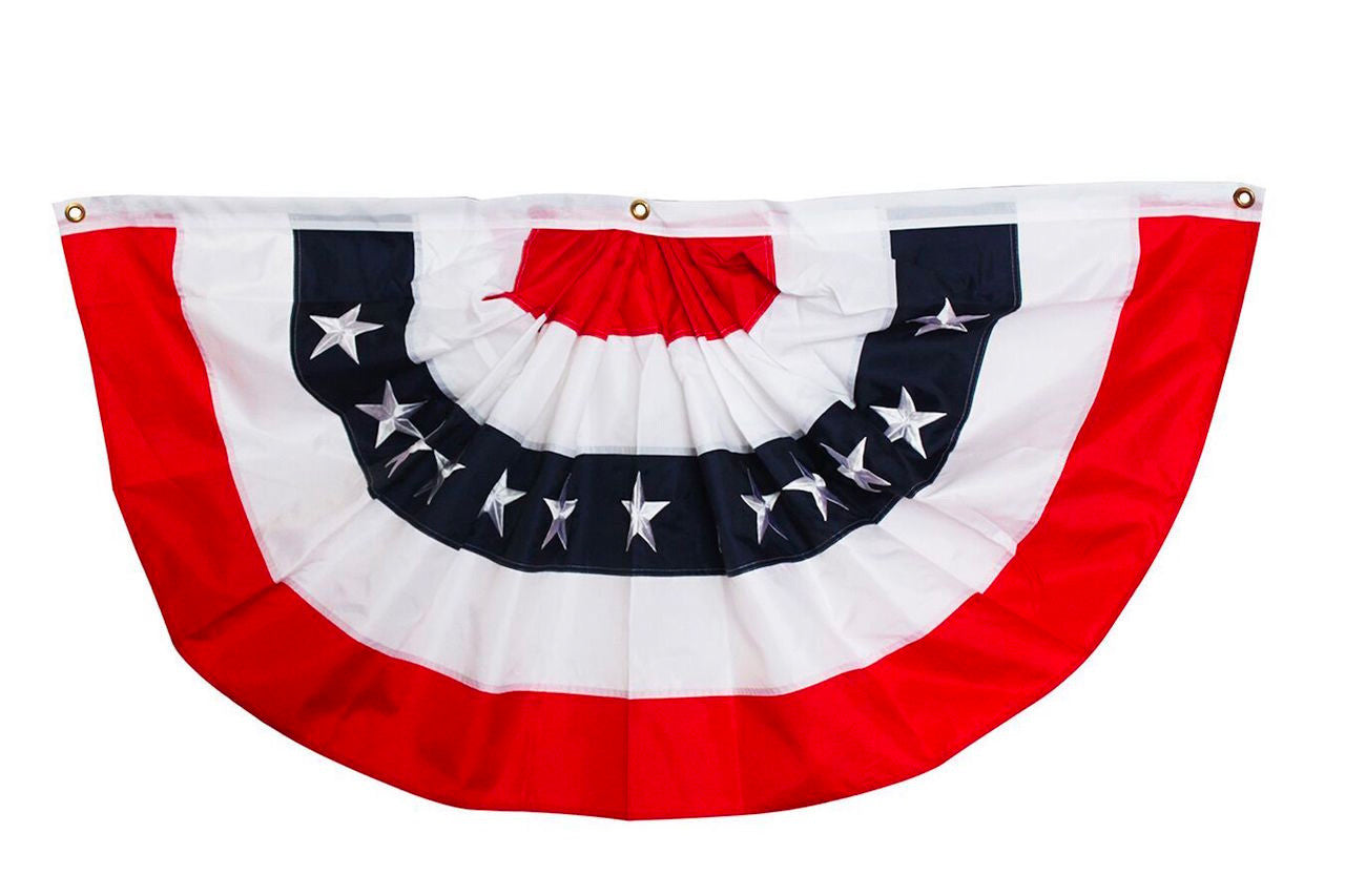 Patriotic USA bunting in red, white, and blue with bold stripes and stars, made of durable outdoor polyester, measures 72 by 36 inches