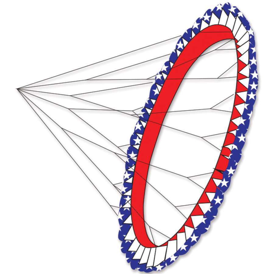 6.5-foot Patriotic Wind Wheel with vibrant colors spinning gracefully outdoors on a kite line against a clear sky backdrop.