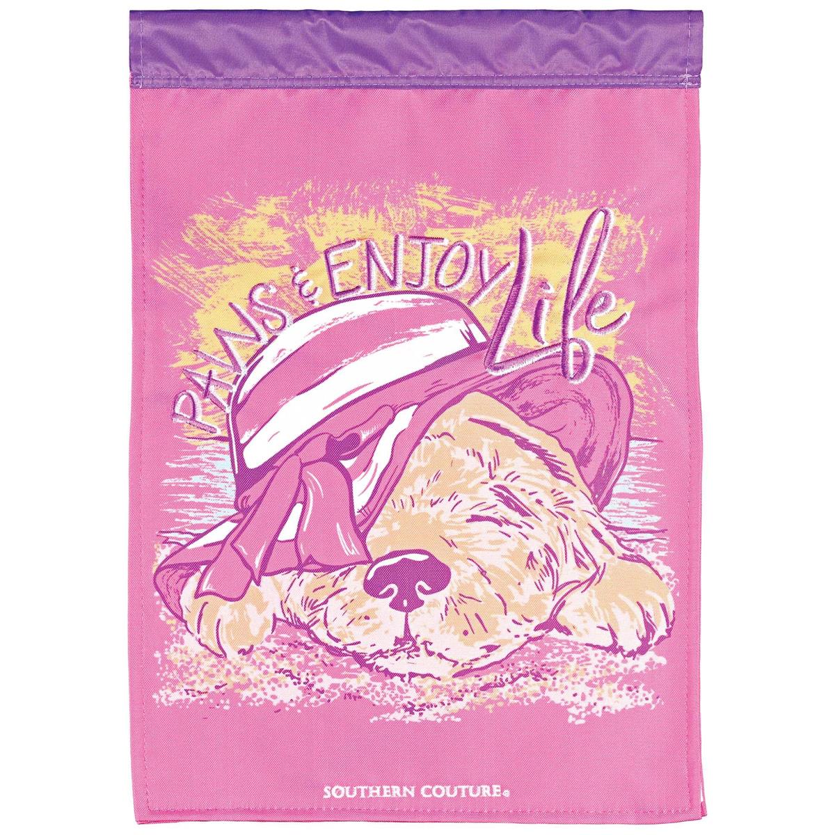 Paws & Enjoy Life double-applique garden flag featuring vibrant embroidery and fabric designs, displayed in a garden setting.