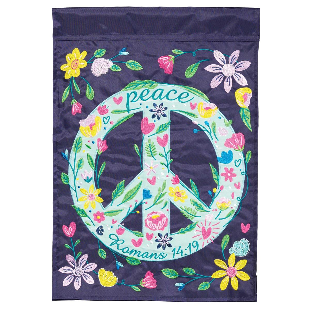 Peace Floral Romans 14:19 double-sided garden flag featuring intricate embroidery and floral appliques displayed in a charming outdoor setting.