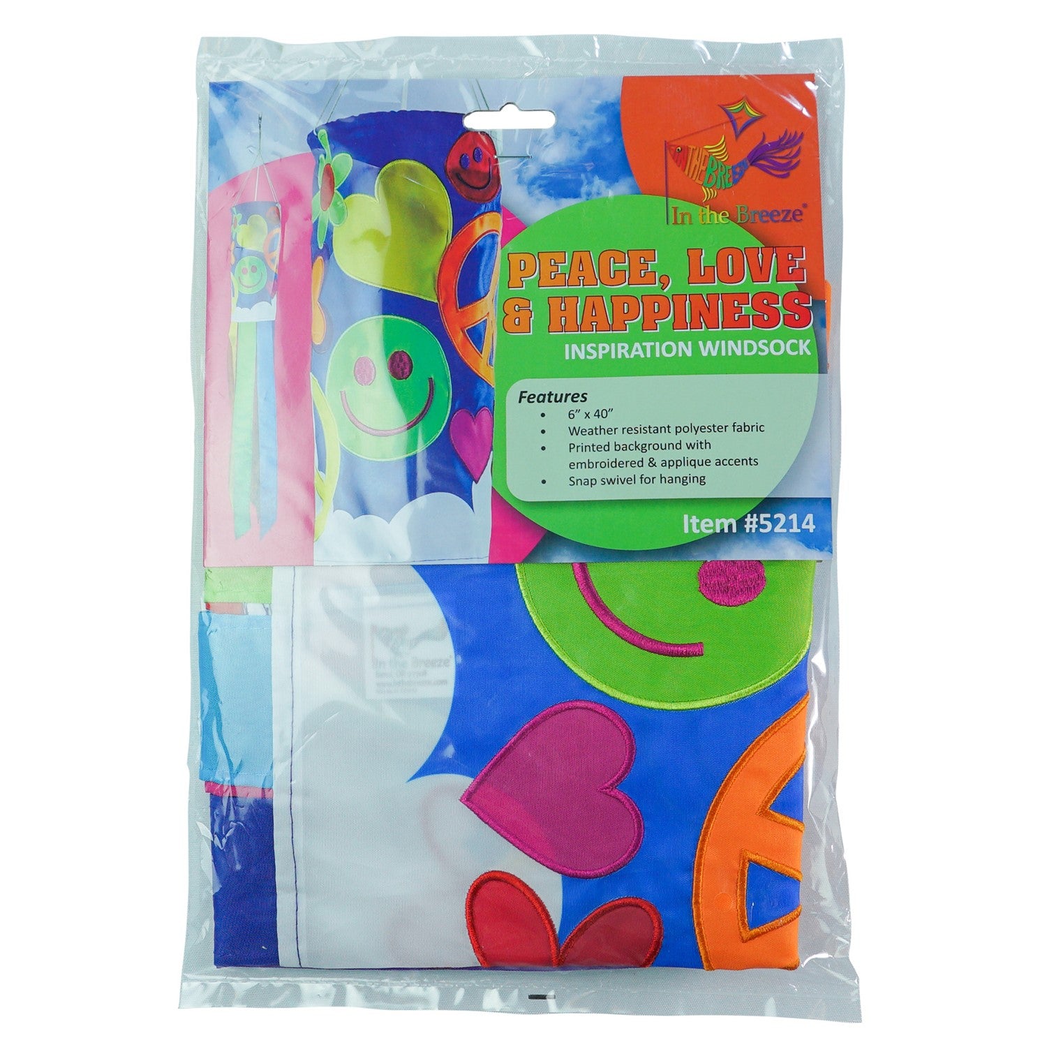 Peace, Love & Happiness 40-inch windsock with psychedelic designs and colorful tails, fluttering in the breeze outdoors.