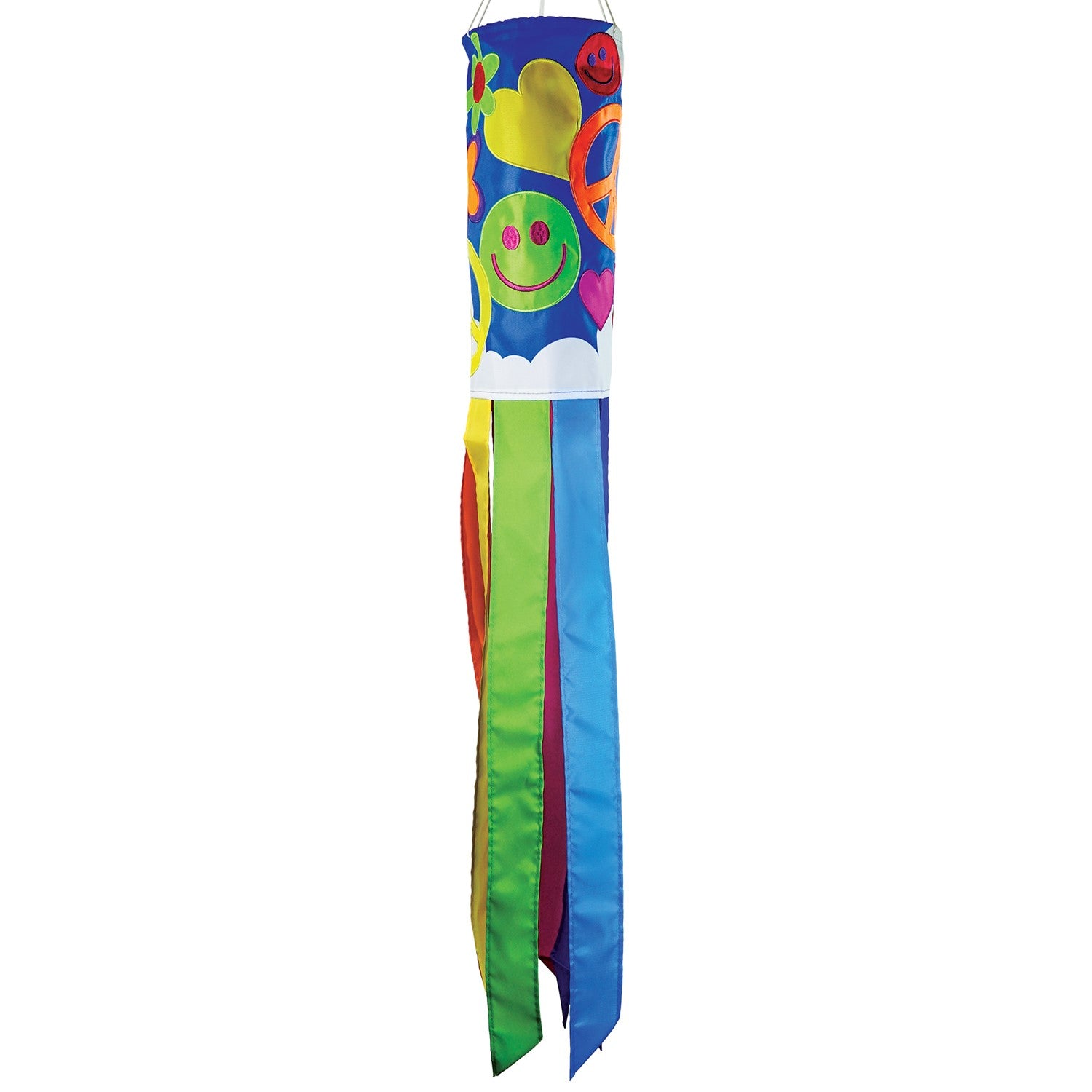 Peace, Love & Happiness 40-inch windsock with psychedelic designs and colorful tails, fluttering in the breeze outdoors.