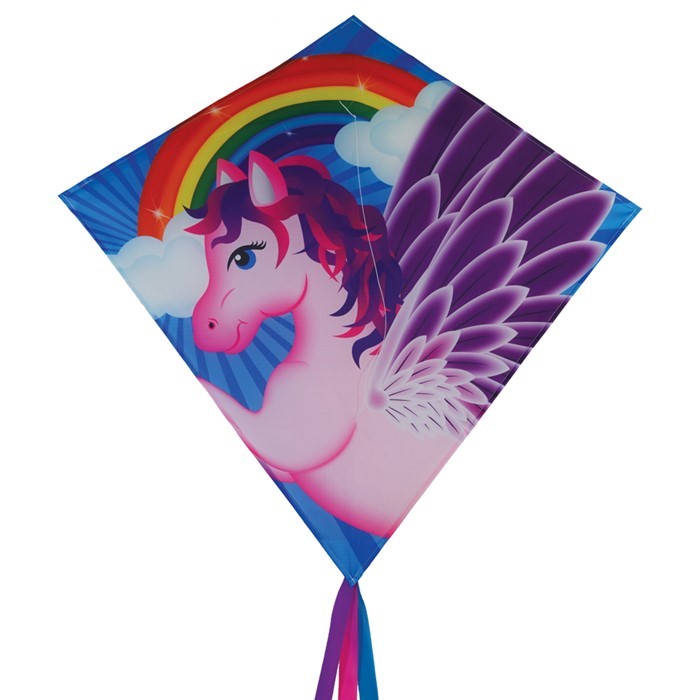 Pegasus 30" Diamond Kite displayed soaring in a clear sky, showcasing colorful designs and attached tails, ideal for outdoor enjoyment.