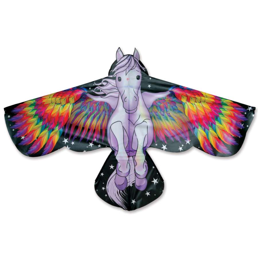 Pegasus Kite soaring against a blue sky with vibrant colors and graphics, measuring 70 x 36 inches for an exciting flying experience.