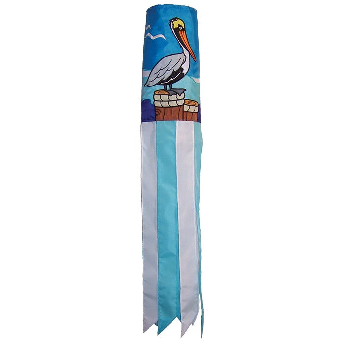 Pelican 40" Windsock showcasing a colorful pelican design with fluttering tails, displayed outdoors against a sunny backdrop.