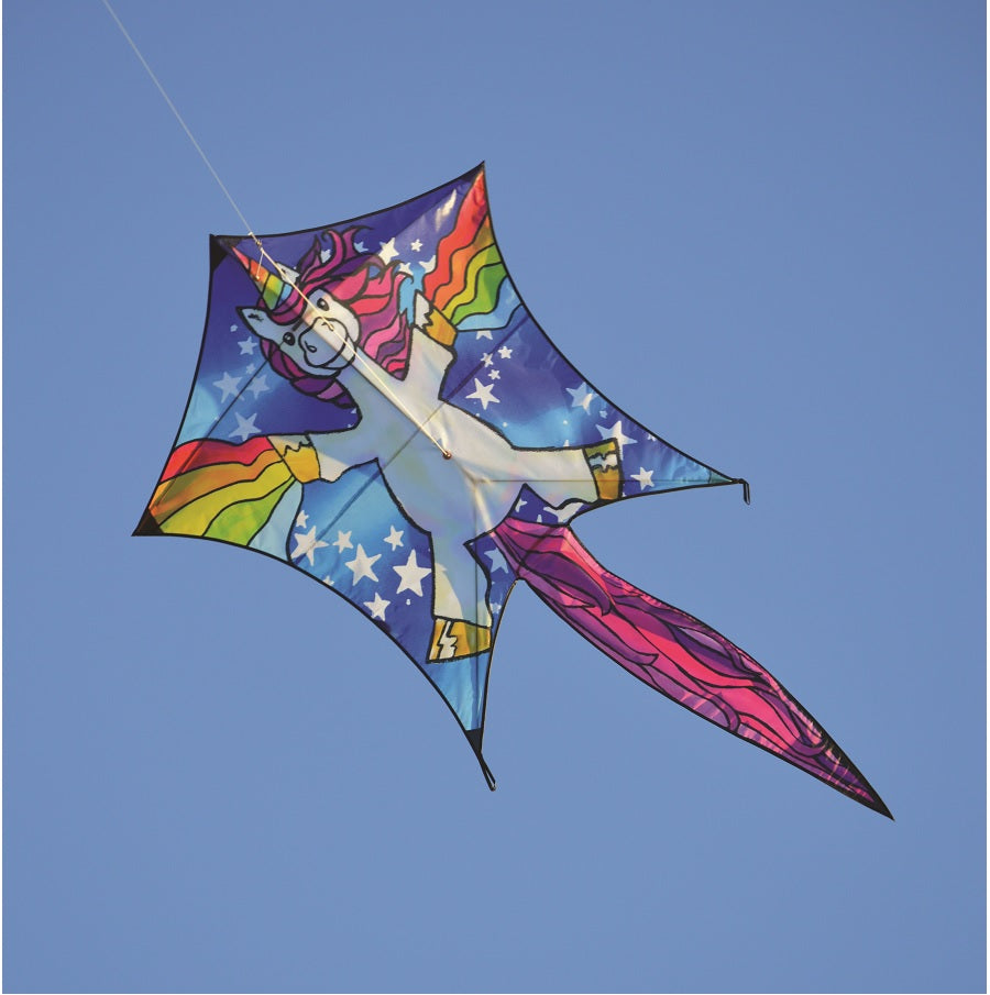 Penta Kite - Unicorn soaring in the sky with vibrant colors and a whimsical design, measuring 40 x 93 inches, perfect for all ages.
