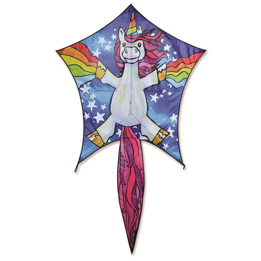 Penta Kite - Unicorn soaring in the sky with vibrant colors and a whimsical design, measuring 40 x 93 inches, perfect for all ages.