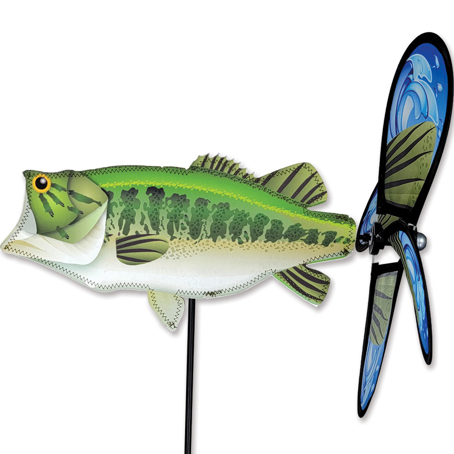 Petite Spinner - Bass Fish garden decor showcasing a colorful bass design that spins in the wind, ready for outdoor display.