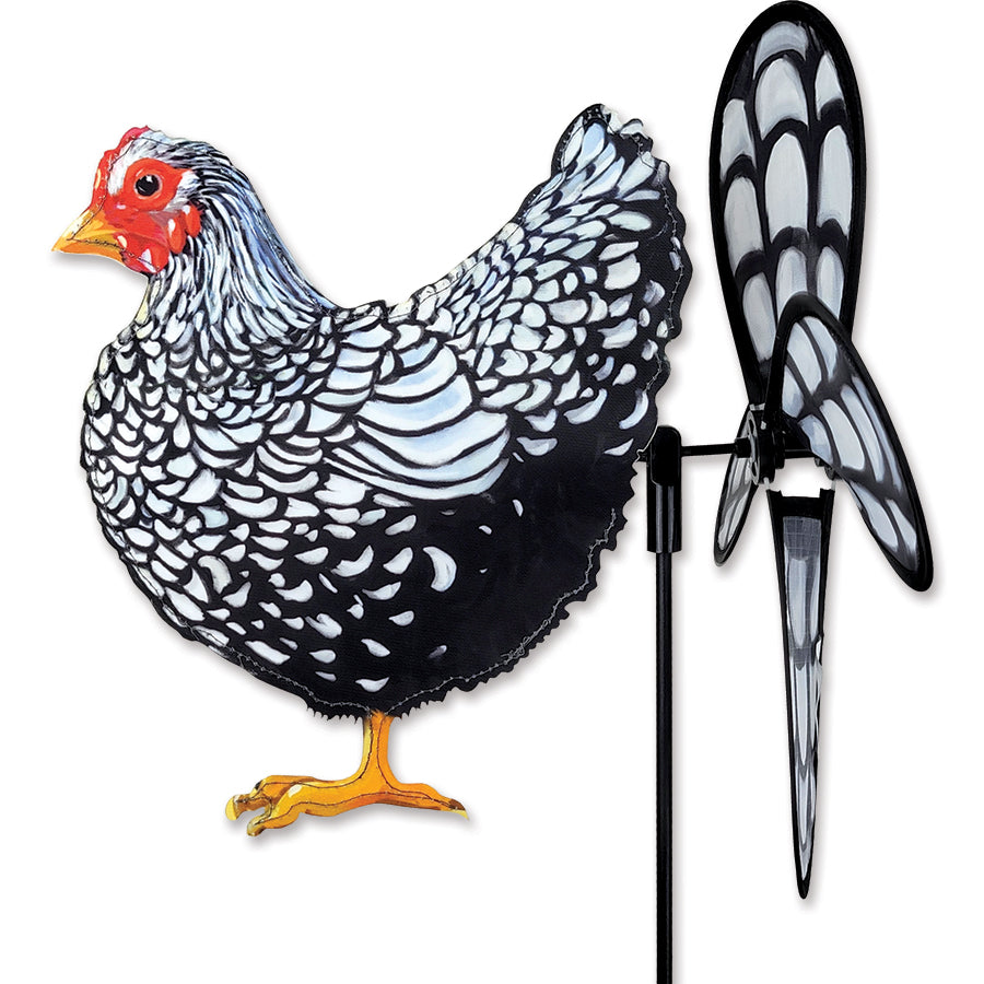 Petite Spinner - Black/White Chicken designed for outdoor display, featuring pre-glued wings that spin effortlessly in the wind, perfect for gardens.