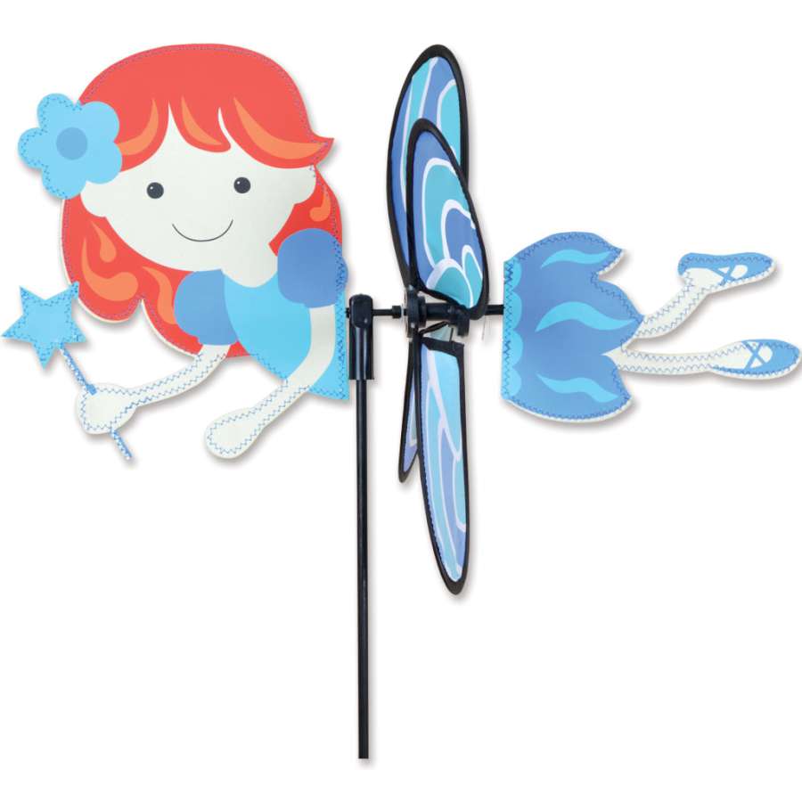 Petite Spinner - Blue Fairy twirls in the garden, showcasing vibrant blue wings and a whimsical fairy design ideal for outdoor decoration.