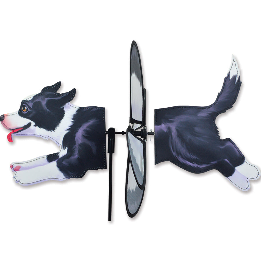 Petite Spinner featuring a colorful Border Collie design, twirling gently in a garden setting under bright sunlight.