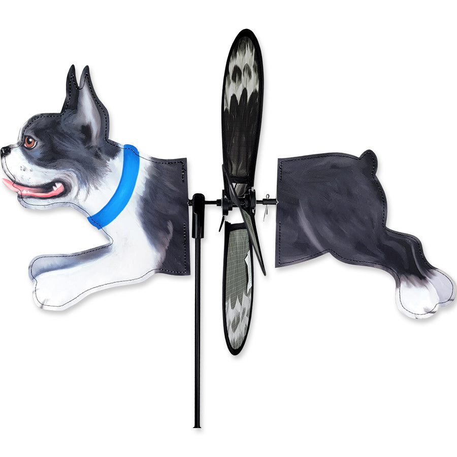 Petite Spinner featuring a colorful Boston Terrier design, designed for outdoor garden display, spinning gracefully in the breeze.