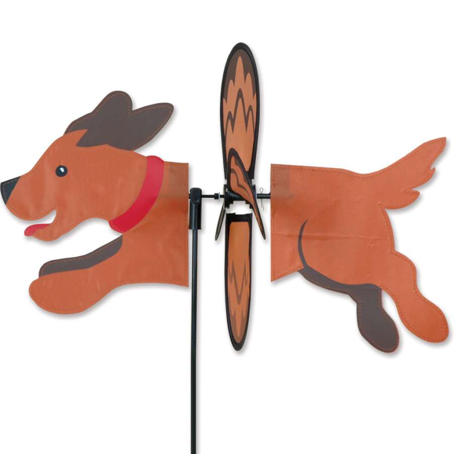 Petite Spinner - Dog featuring colorful wings fluttering in the breeze, designed for vibrant outdoor display in a garden setting.