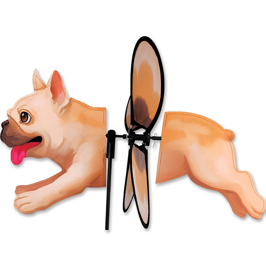 Petite Spinner featuring an adorable French Bulldog design spinning gently in a garden setting, adding color and movement.