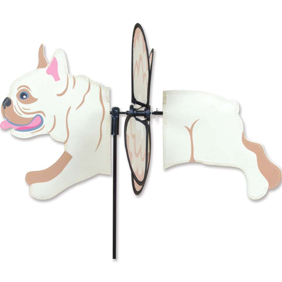 Petite Spinner featuring a playful French Bulldog design, spinning gently in a garden setting to enhance outdoor decor.