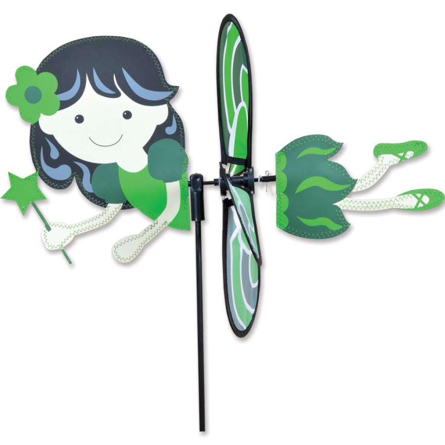 Petite Spinner - Green Fairy featuring vivid colors and enchanting fairy design, twirling gently in the breeze in a colorful garden setting.