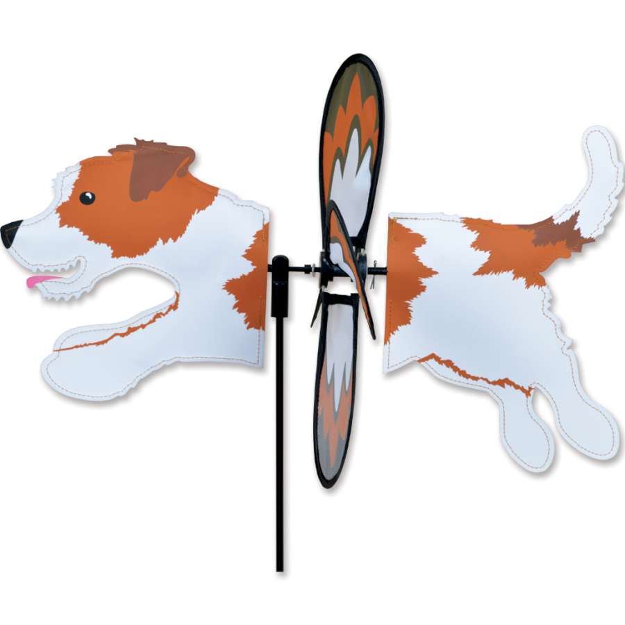Petite Spinner featuring a cheerful Jack Russell design, elegantly spinning in a garden setting, perfect for outdoor display and dog lovers.