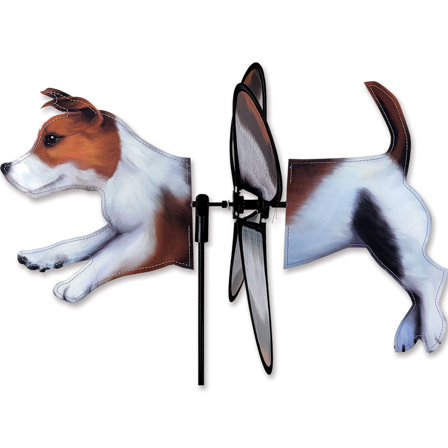 Petite Spinner featuring Jack Russell design, displayed in a garden setting with flowers, spinning charmingly in the breeze.