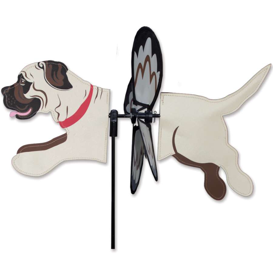 Petite Spinner featuring a cheerful mastiff design twirling in a garden setting, showcasing vibrant colors and durable construction.