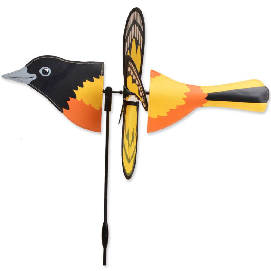 Petite Spinner - Oriole with vibrant bird design, spinning gently in the garden, adding a whimsical touch to the outdoor decor.