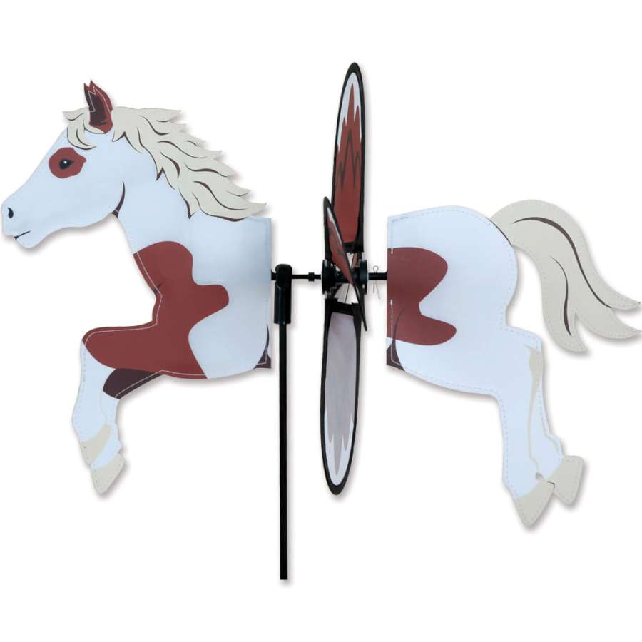 Petite Spinner - Pinto Horse displaying colorful, whimsical design in a beautiful garden setting, spinning gently in the breeze.