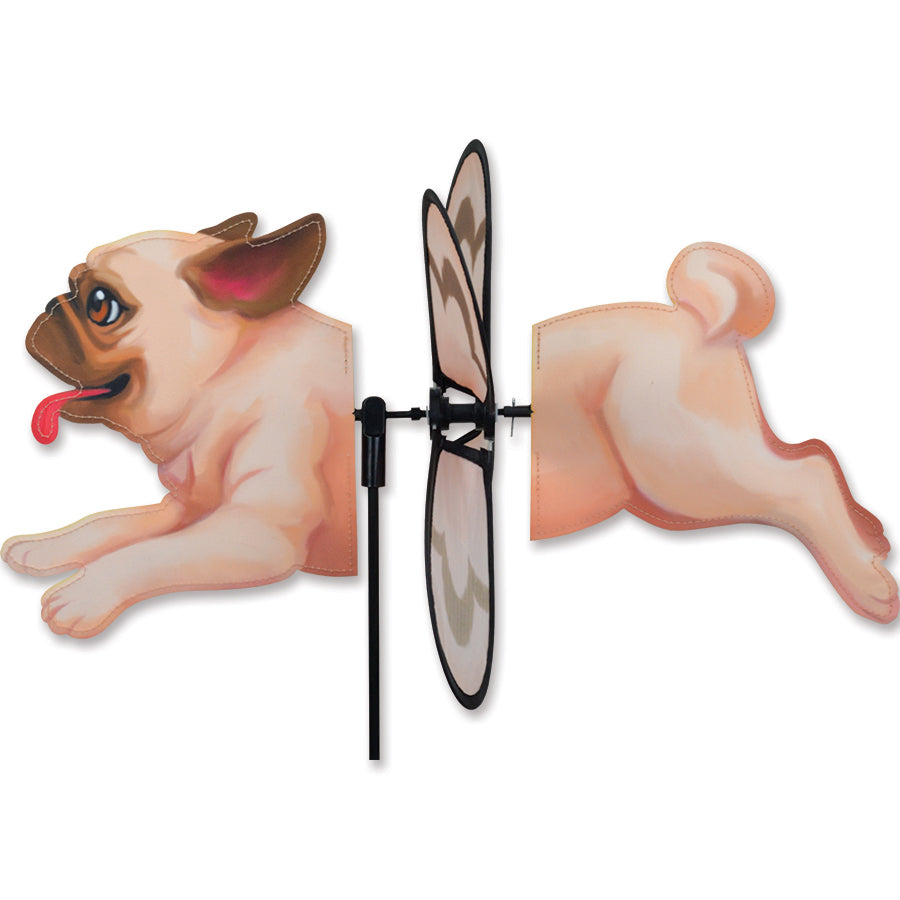 Petite Spinner - Pug garden spinner with vibrant pug design displayed spinning in a sunny outdoor setting.