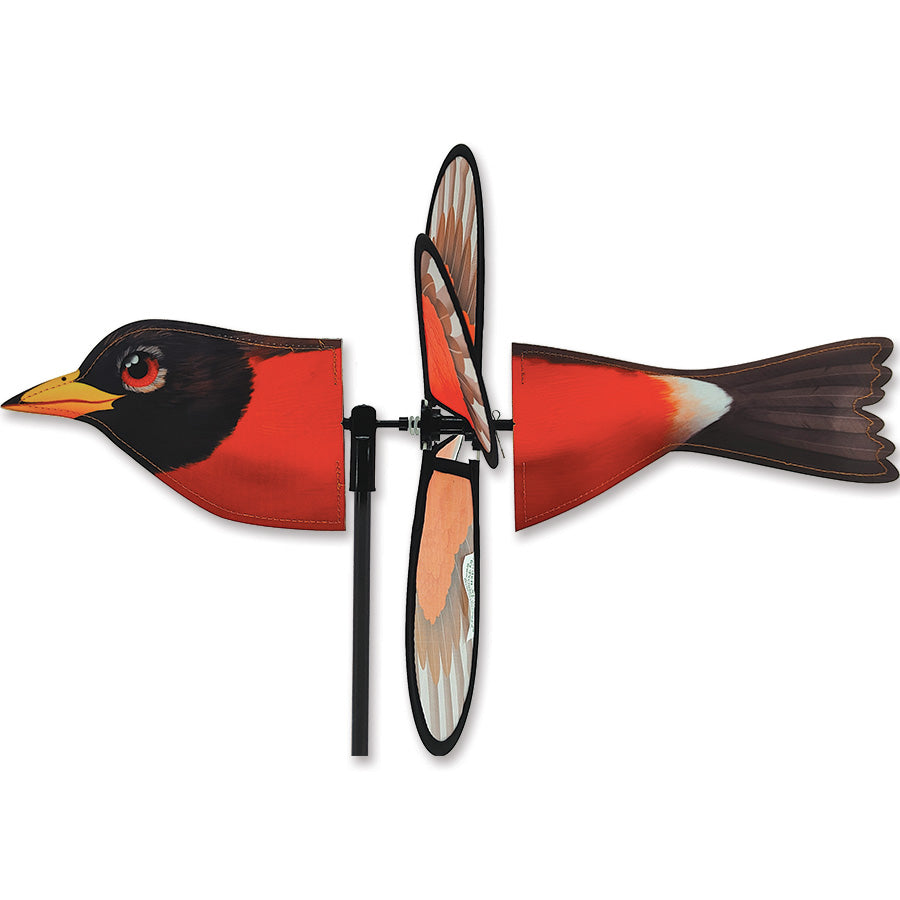 Petite Spinner - Robin featuring colorful design, spinning gently in a garden setting, showcasing its charm and durable construction.