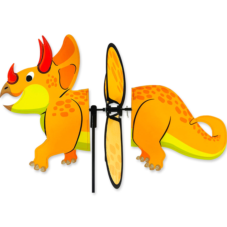 Petite Spinner featuring a colorful triceratops design spinning in a garden, made from durable polyester fabric.
