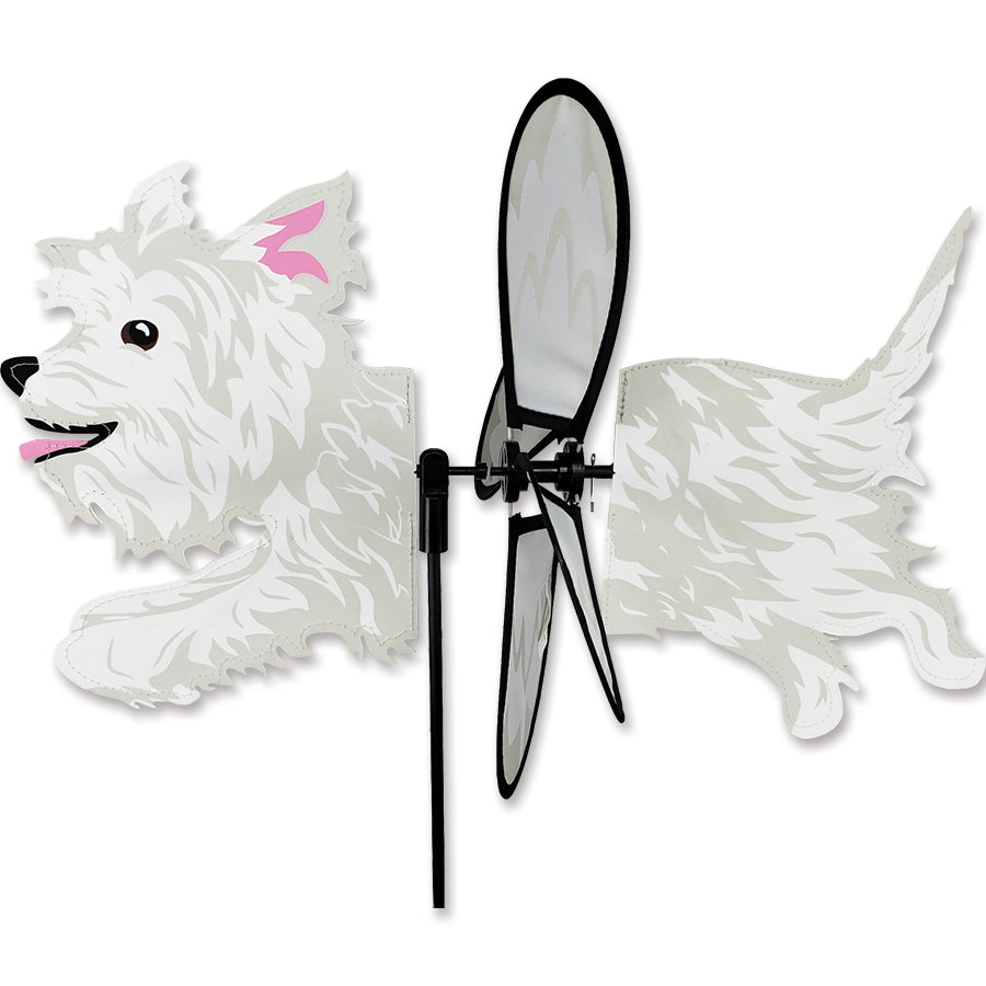 Petite Spinner - Westie garden ornament displaying a colorful West Highland White Terrier design twirling in a garden setting.