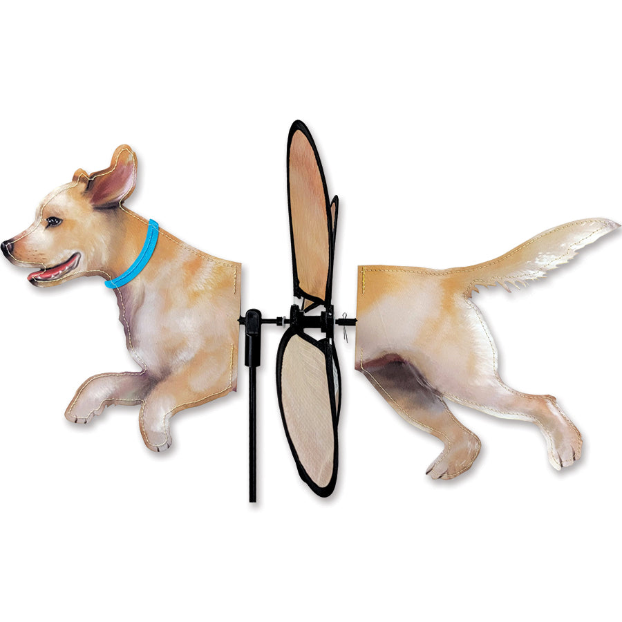 Petite Spinner - Yellow Lab garden decoration displaying a vibrant yellow lab design, spinning gently in an outdoor setting.