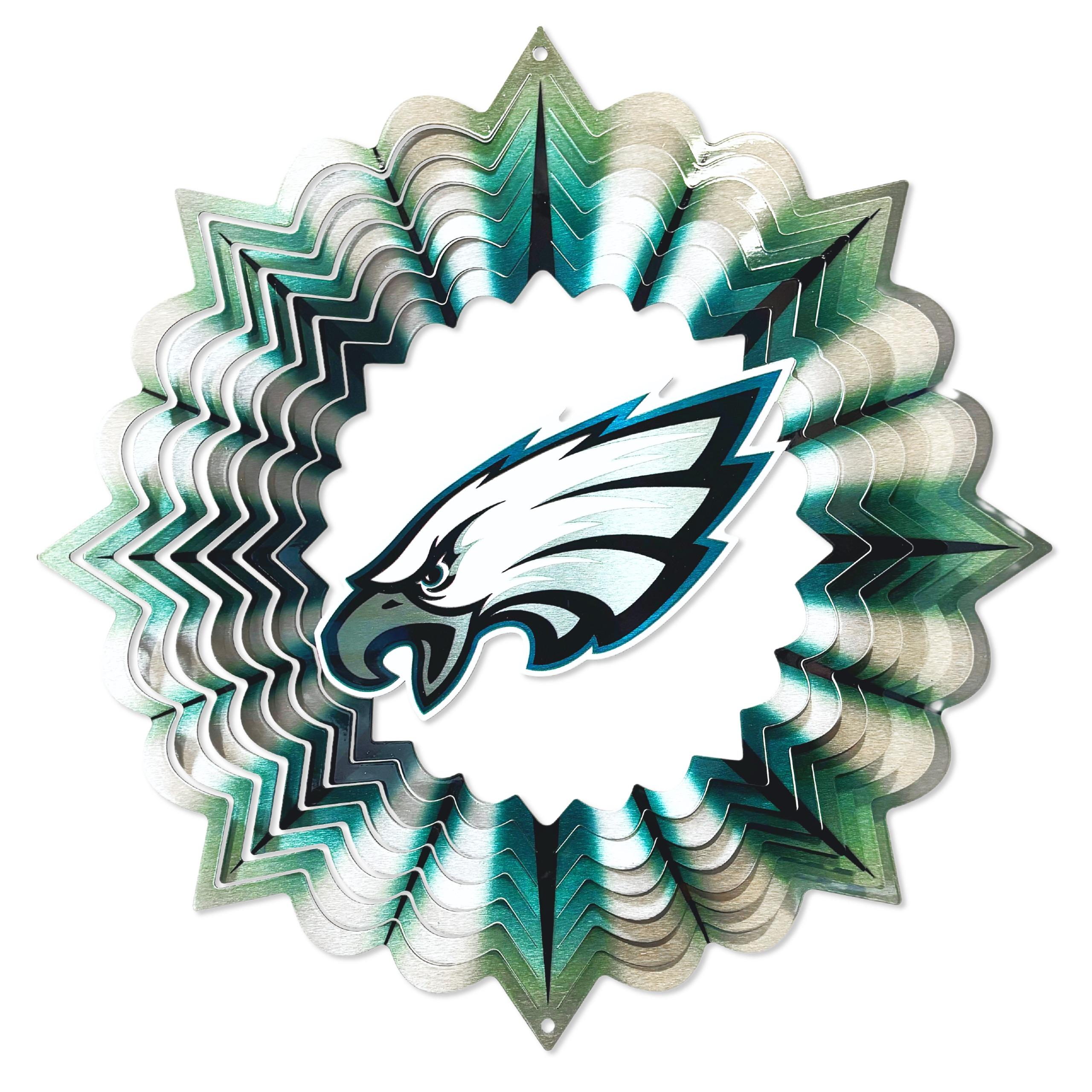 Philadelphia Eagles NFL Wind Spinner featuring vibrant team graphics displayed outdoors, spinning in the wind with motion.