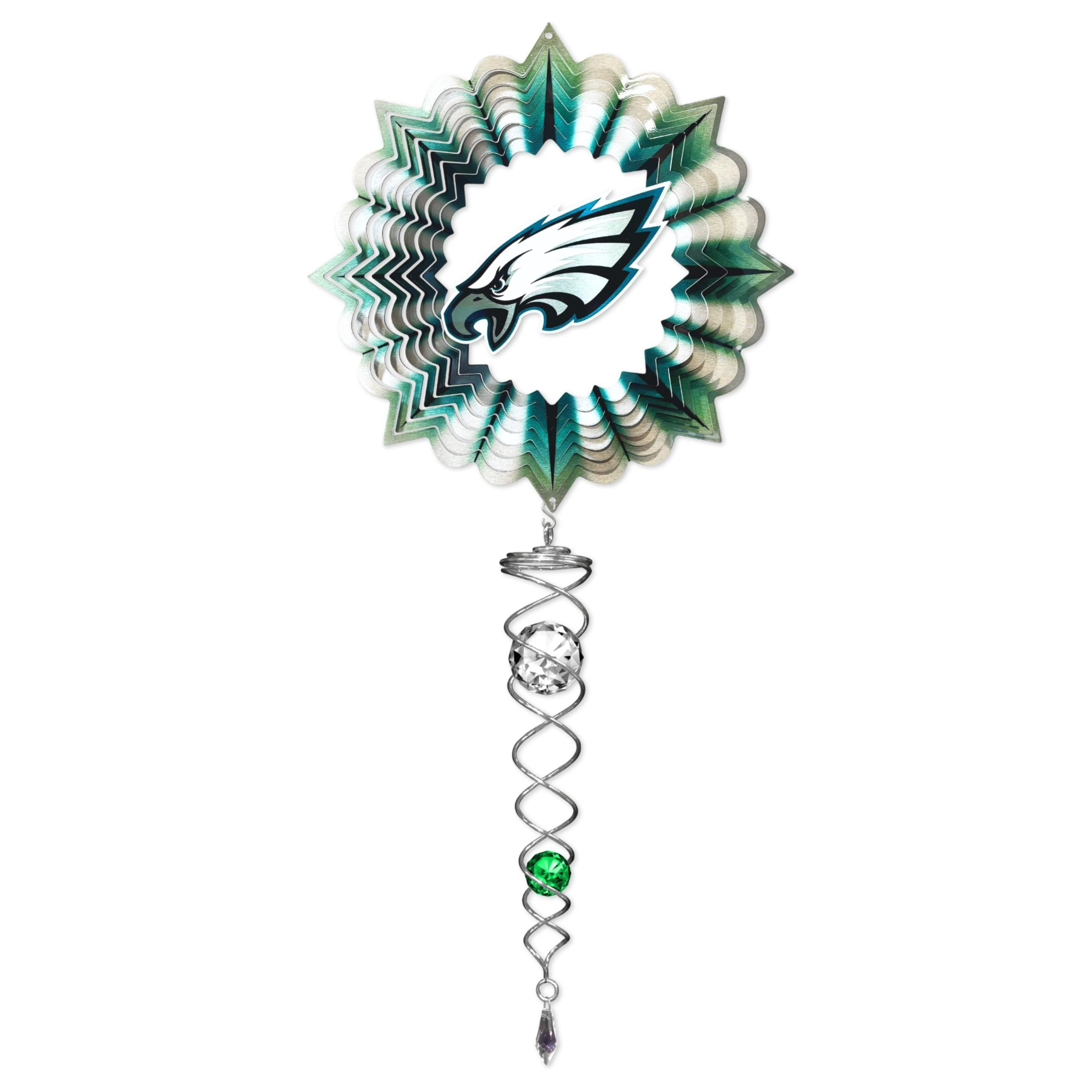 Philadelphia Eagles wind spinner mini set featuring bold team colors and designs, including a 6.5-inch spinner and a 7.5-inch crystal twister, displayed outdoors.