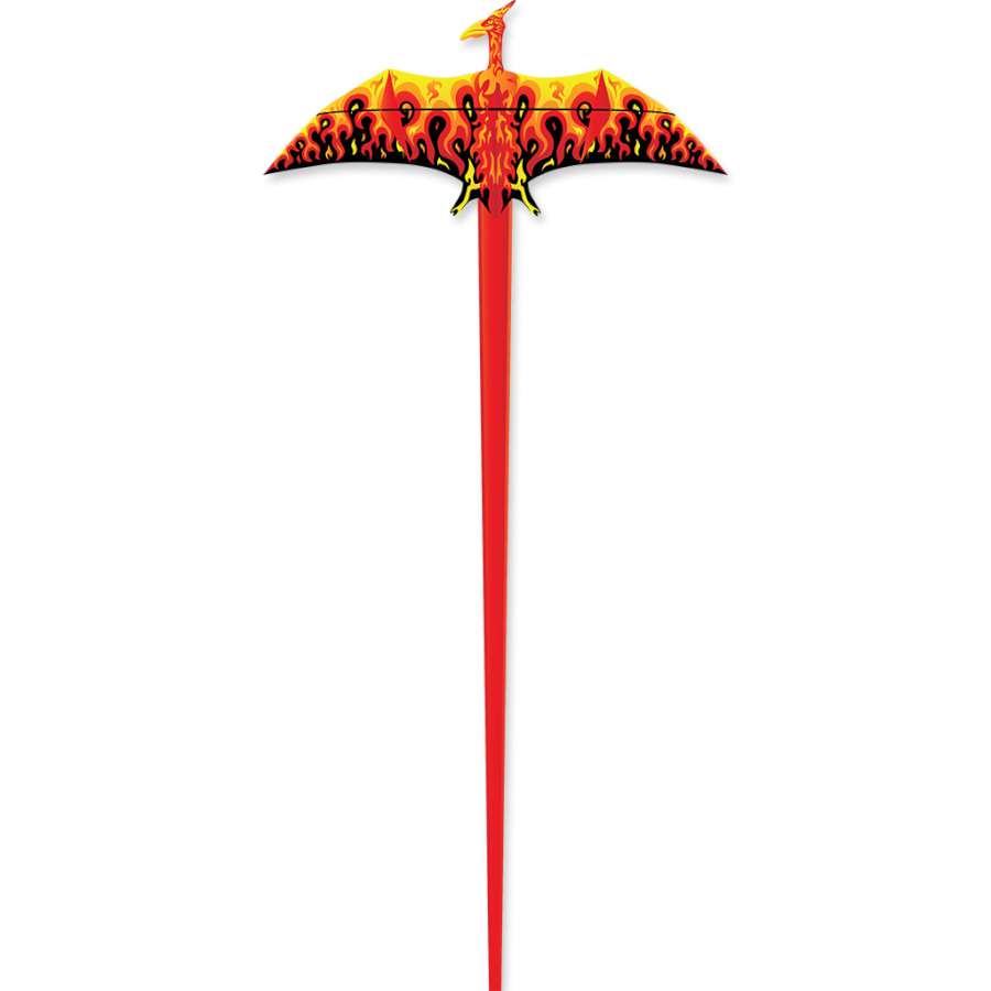 Phoenix Kite soaring high in the sky, showcasing its vibrant design and impressive 71x35 inch dimensions against a clear blue sky.