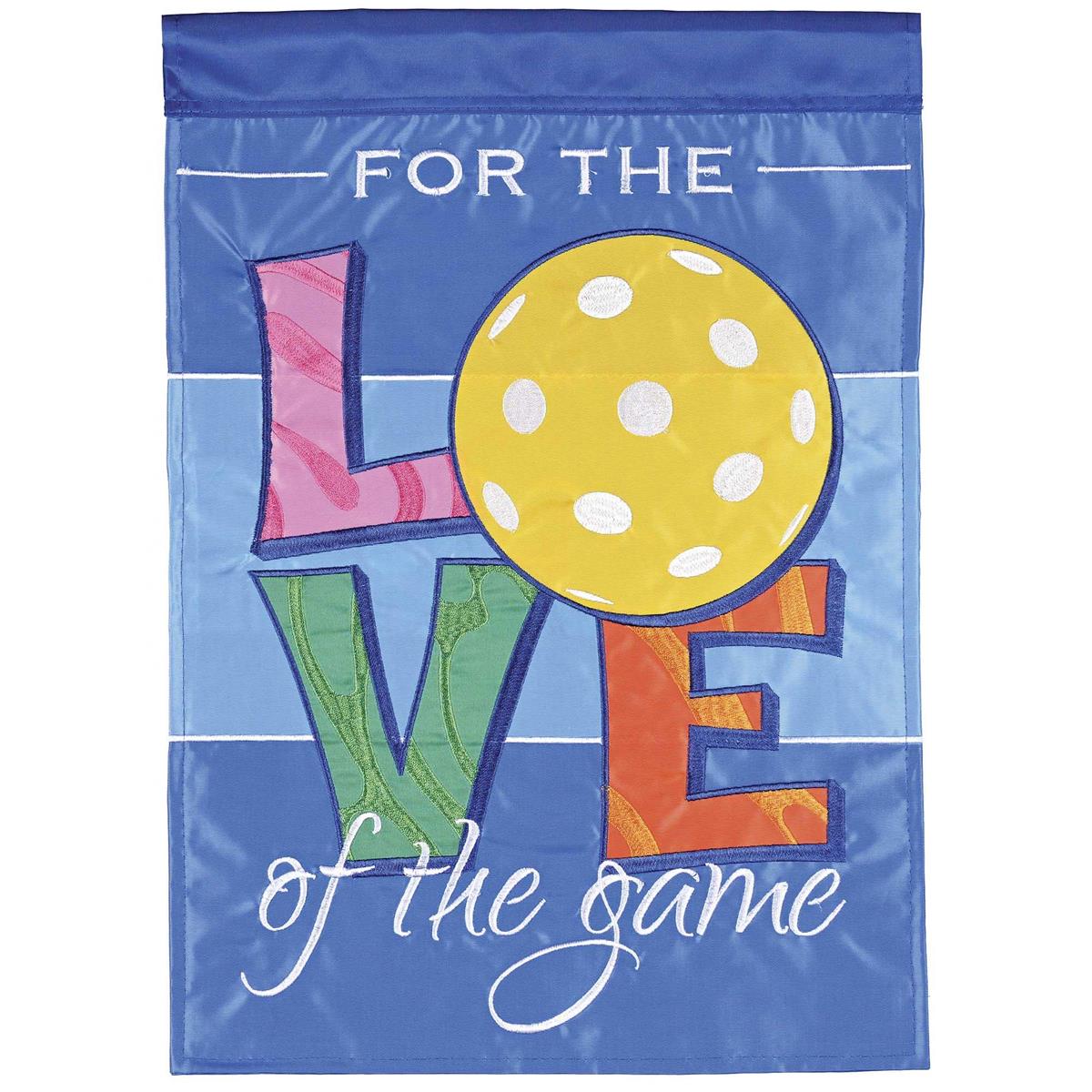 Pickleball For The Love double-sided garden flag with colorful appliques and embroidery displayed in a vibrant garden setting.