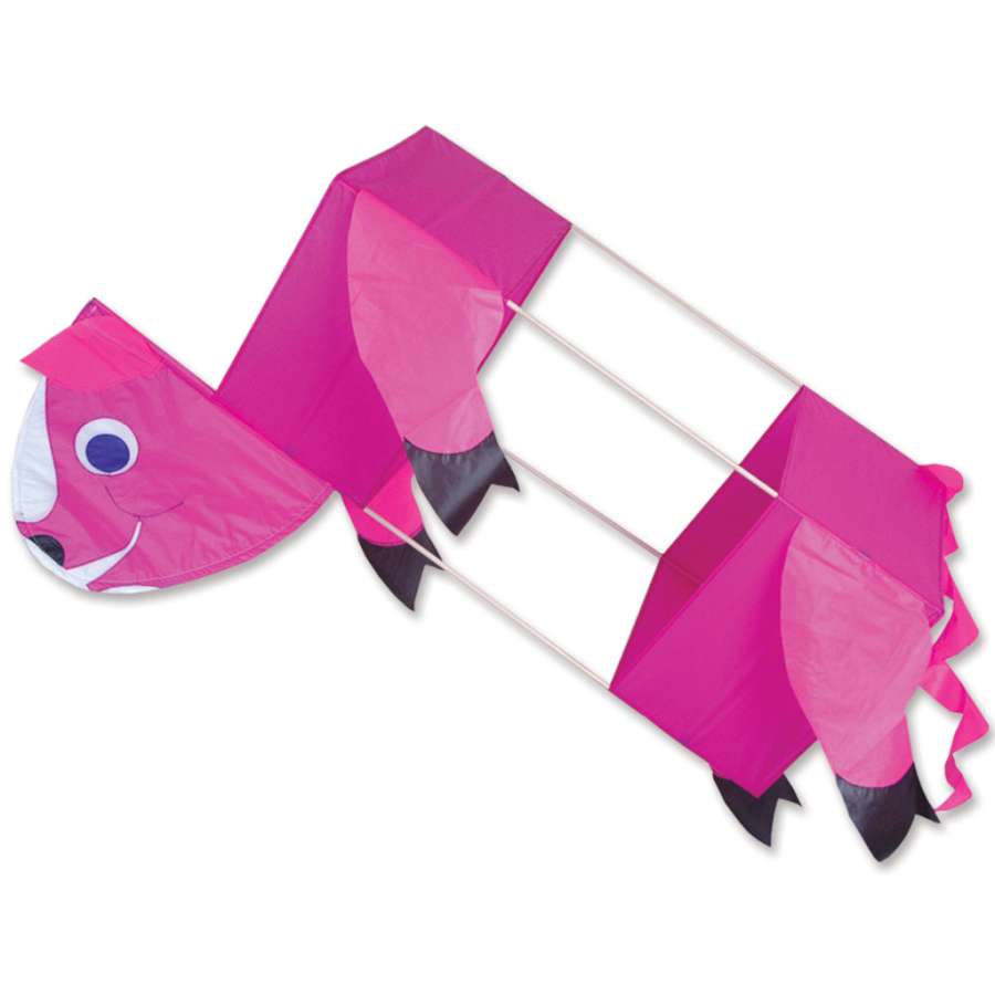 Pig Box Kite with colorful print in a bright blue sky, measuring 20x25 inches, emphasizing its vibrant design and playful nature.
