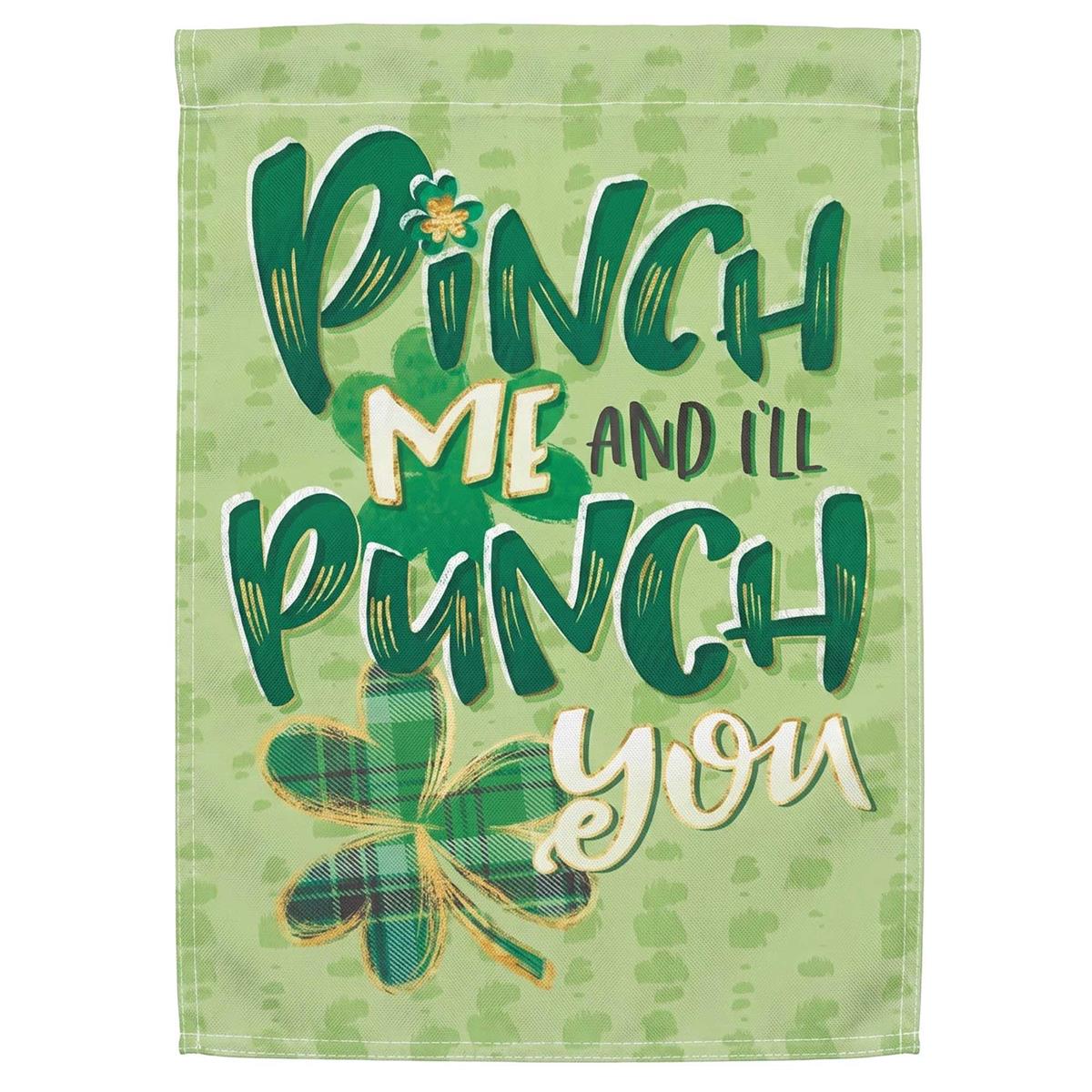 Pinch Me And I'll Punch You garden flag featuring unique design in vibrant colors, displayed in a garden setting on a flagpole.