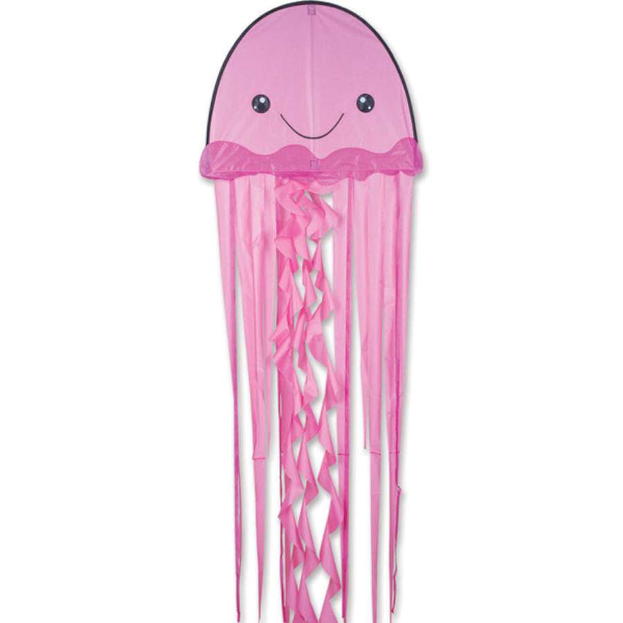 Vibrant Pink Jellyfish Kite flying gracefully in the sky, measuring 26 x 18 inches, featuring long flowing tails and a sturdy fiberglass frame.