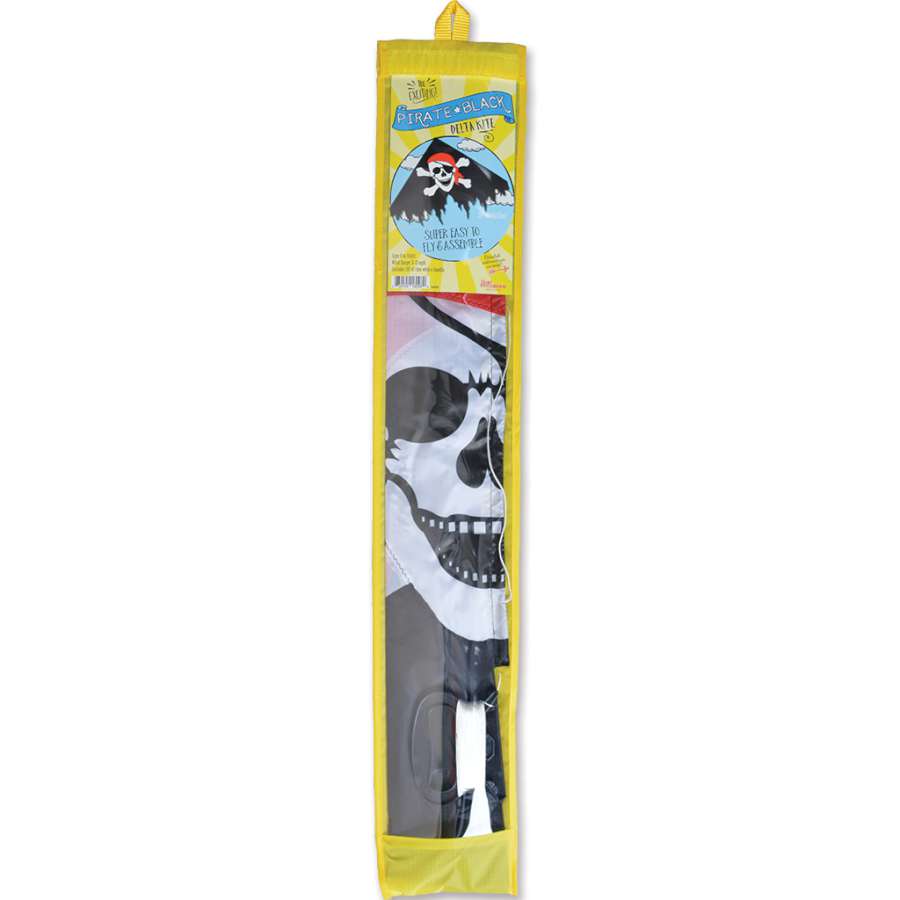 Pirate Delta Kite with a colorful rip-stop polyester sail soaring in the sky, showcasing its 50x36 inch size and robust design.