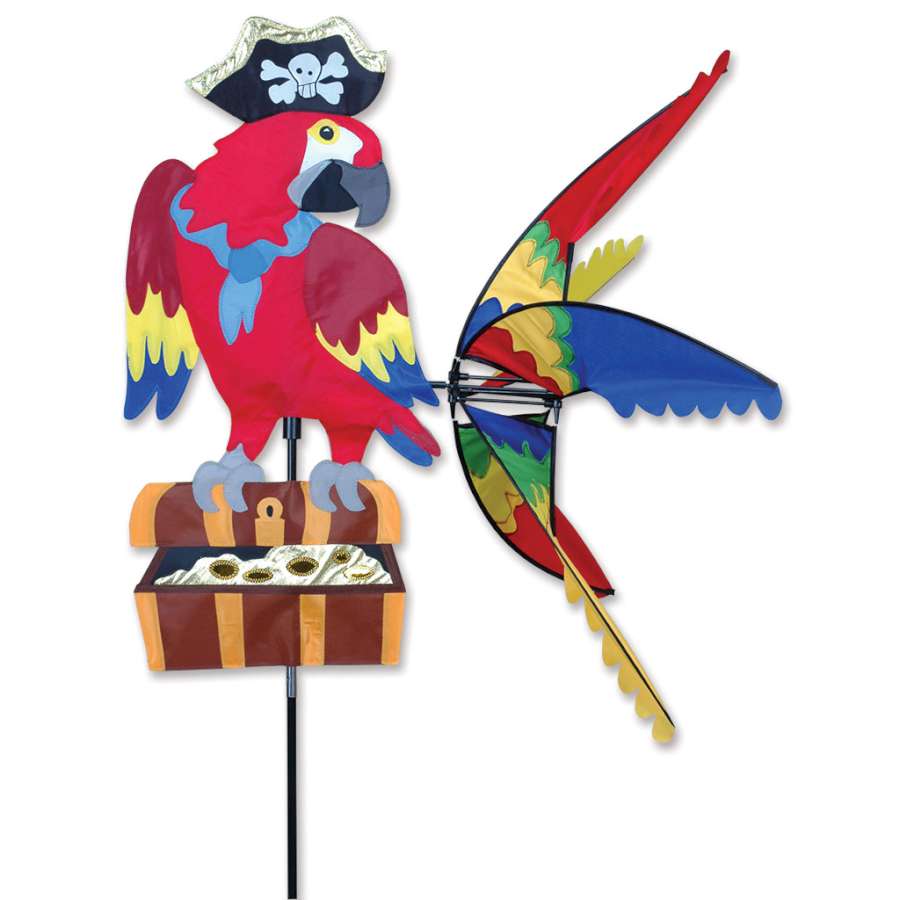 Pirate Parrot Spinner whimsically twirling in a garden with colorful wings and a sturdy stake, adding charm to outdoor decor.
