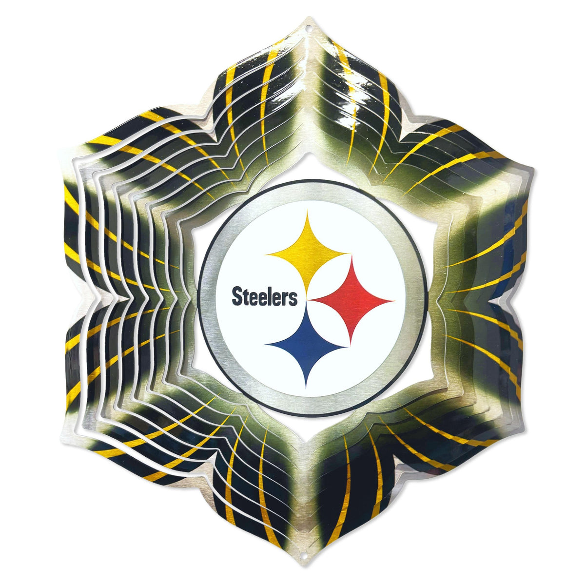 Pittsburgh Steelers NFL Wind Spinner featuring vibrant team-themed artwork displayed outdoors, spinning in the breeze against a clear sky.