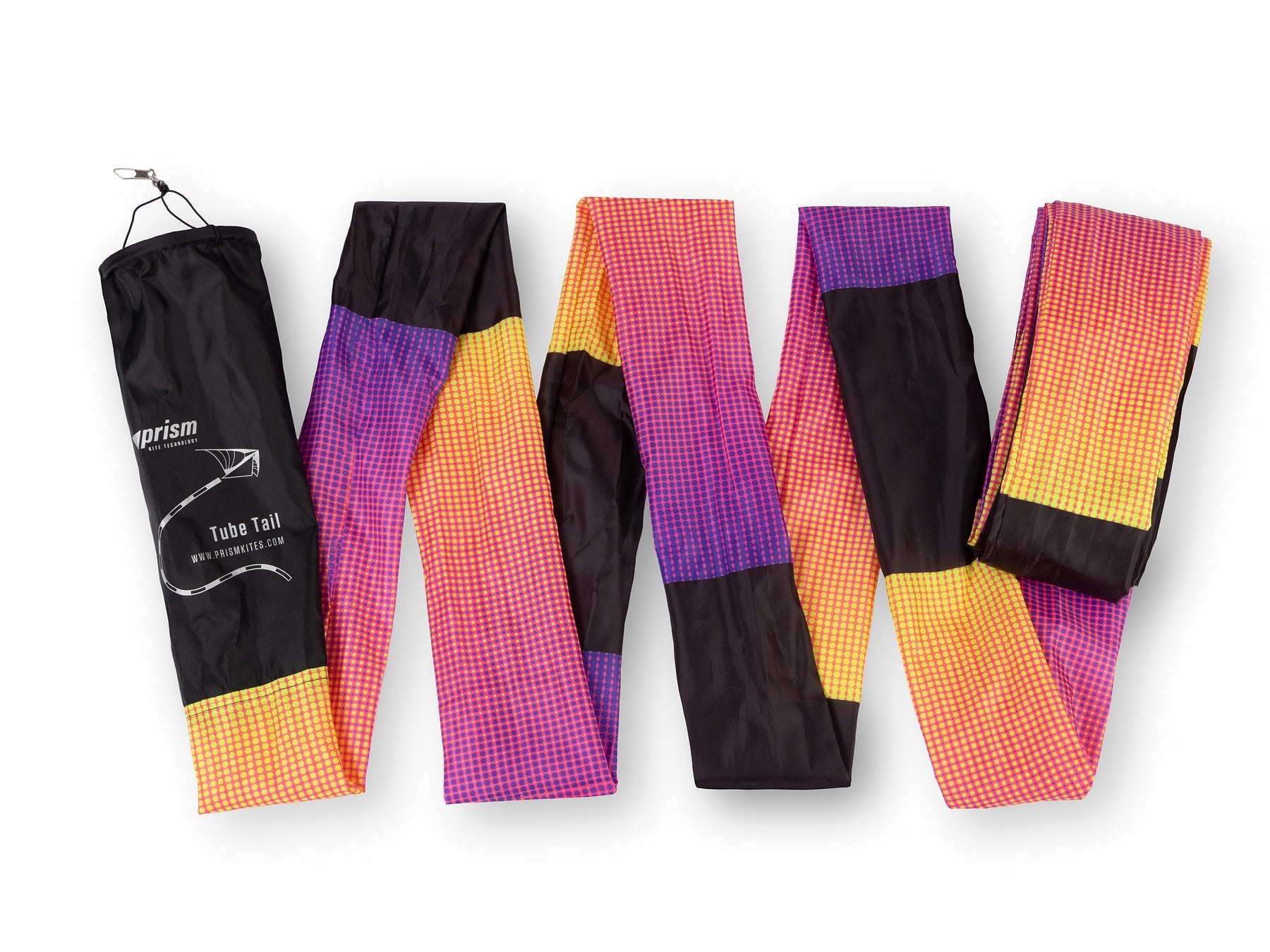 Plasma tube tail with yellow, pink, and purple gradient design, inflating airflow construction, and swivel clip for dynamic kite displays.