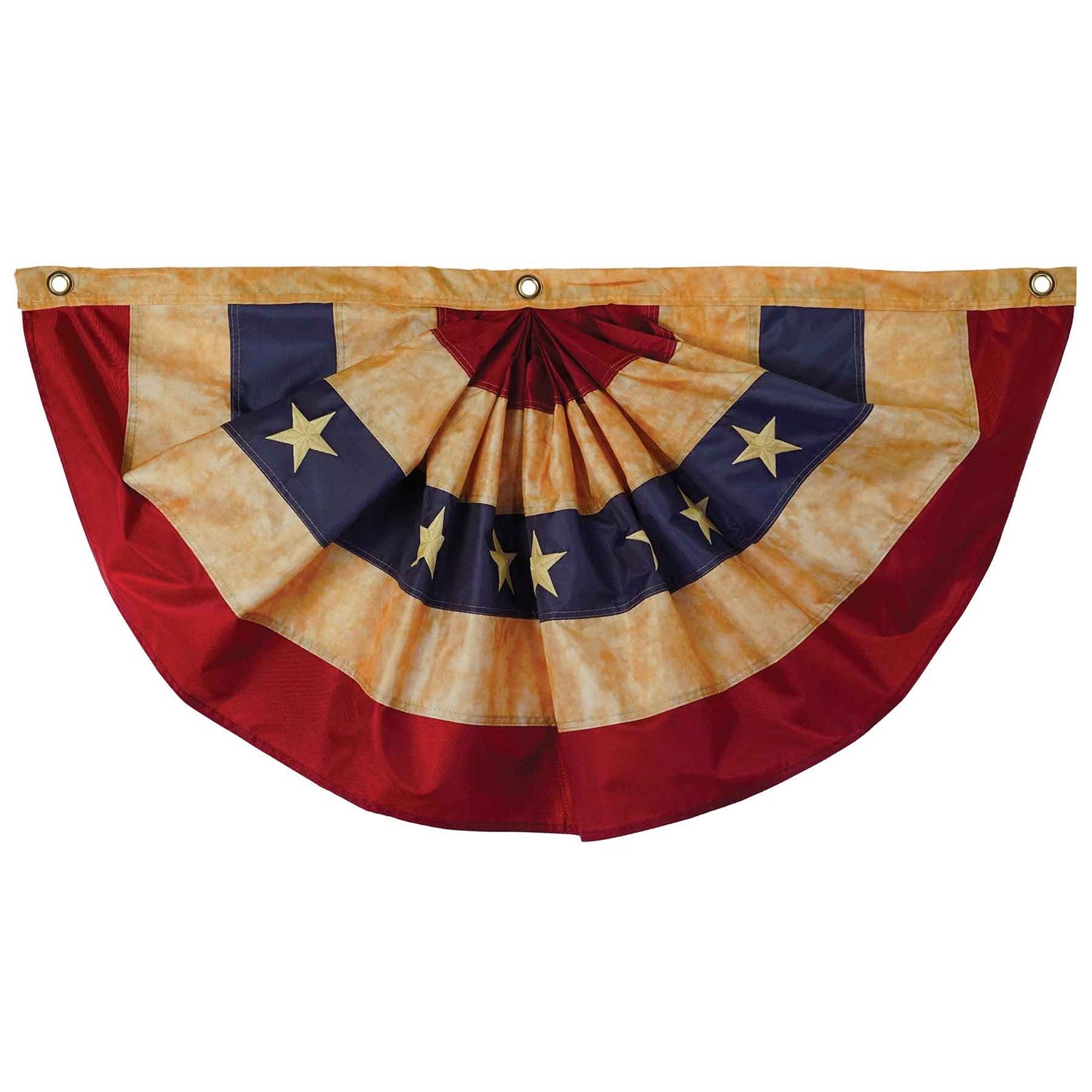 Pleated Fan Americana Bunting in red, white, and blue with embroidered stars displayed on a porch, highlighting its festive half-circle design.