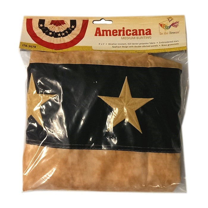Pleated Fan Americana Bunting 2' x 4' featuring embroidered stars on a tea-stained background, hung decoratively in an outdoor setting.