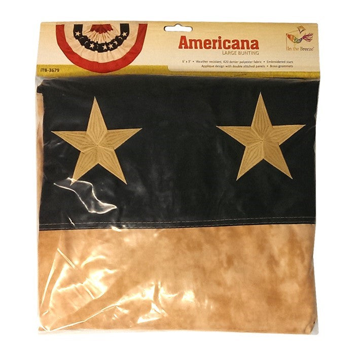 Pleated Fan Americana Bunting measuring 3' x 6', featuring vibrant red, white, and blue colors with embroidered stars displayed on a porch.