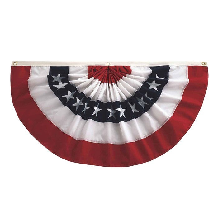 Pleated Fan Patriotic Bunting in red, white, and blue with embroidered stars, displayed on a porch, enhancing a patriotic outdoor setting.